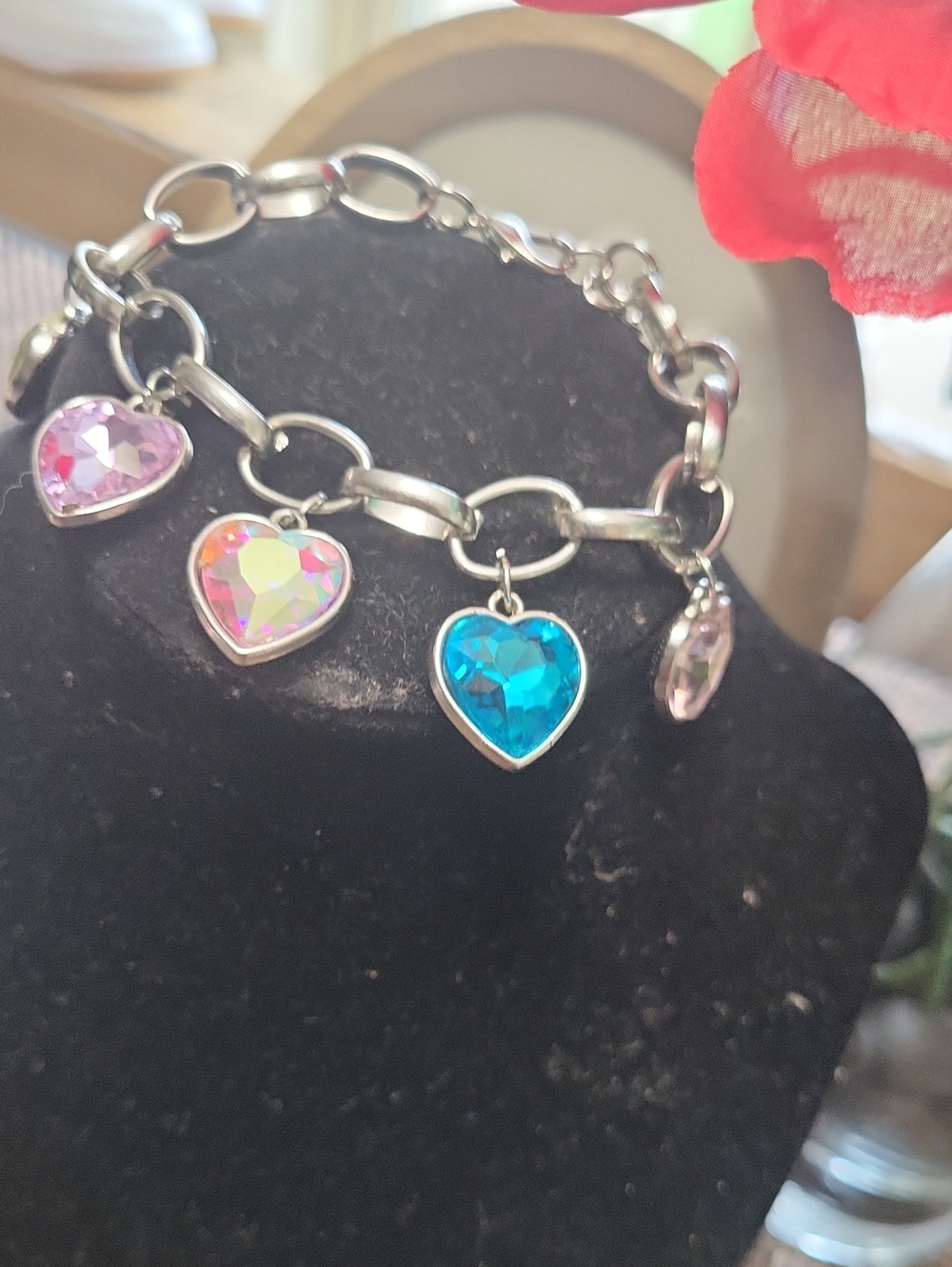 Heart Charm Bracelet with Blue and Pink Crystal Hearts
